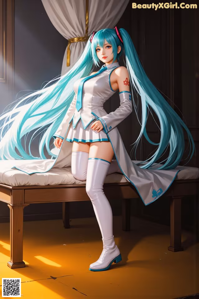 A woman with long blue hair sitting on a bed.