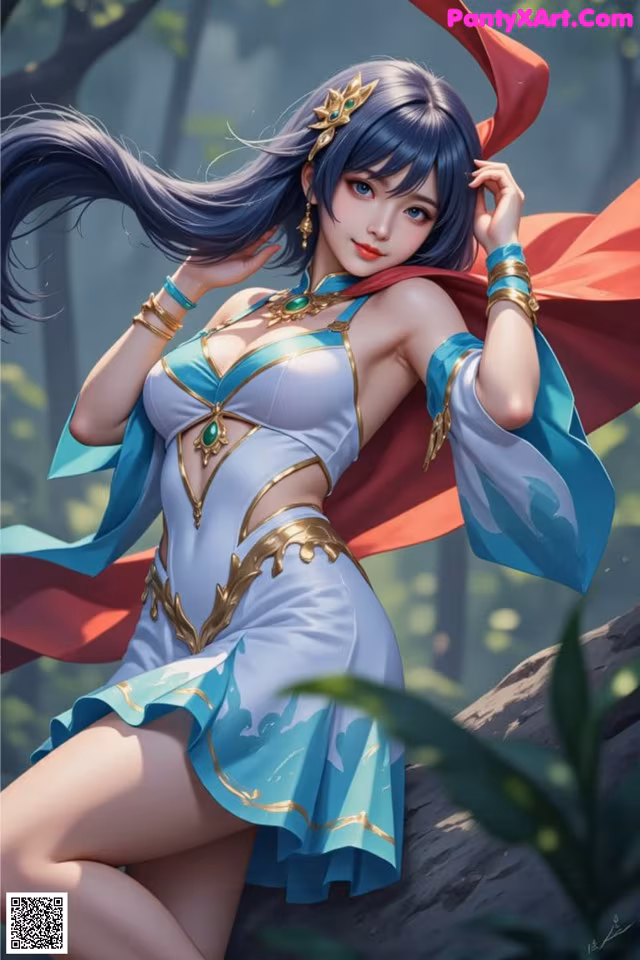 A woman in a blue and white outfit with a red cape.
