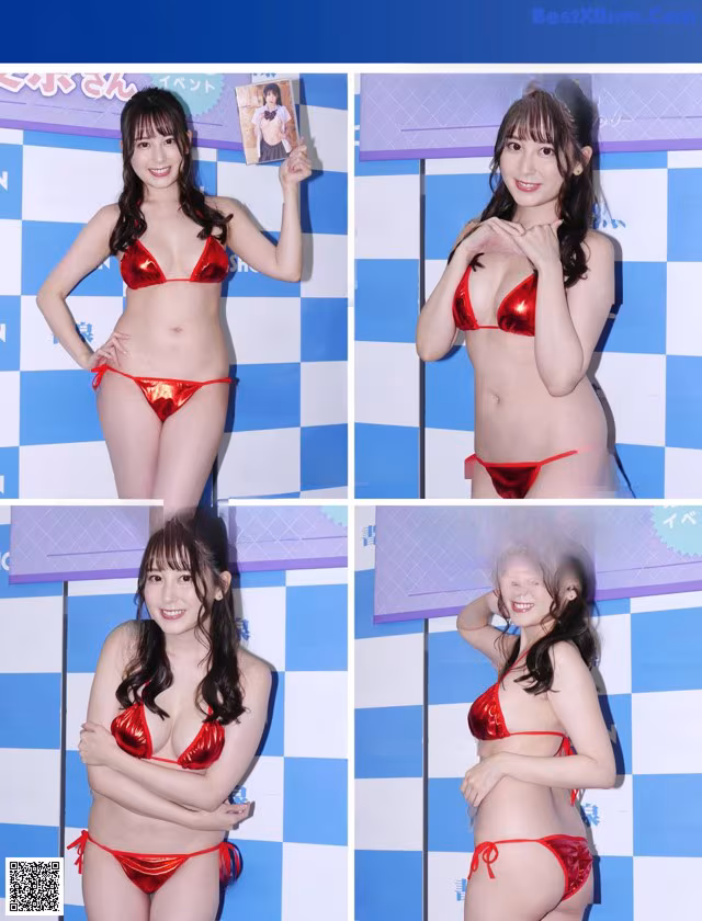 A woman in a red bikini posing for a picture.