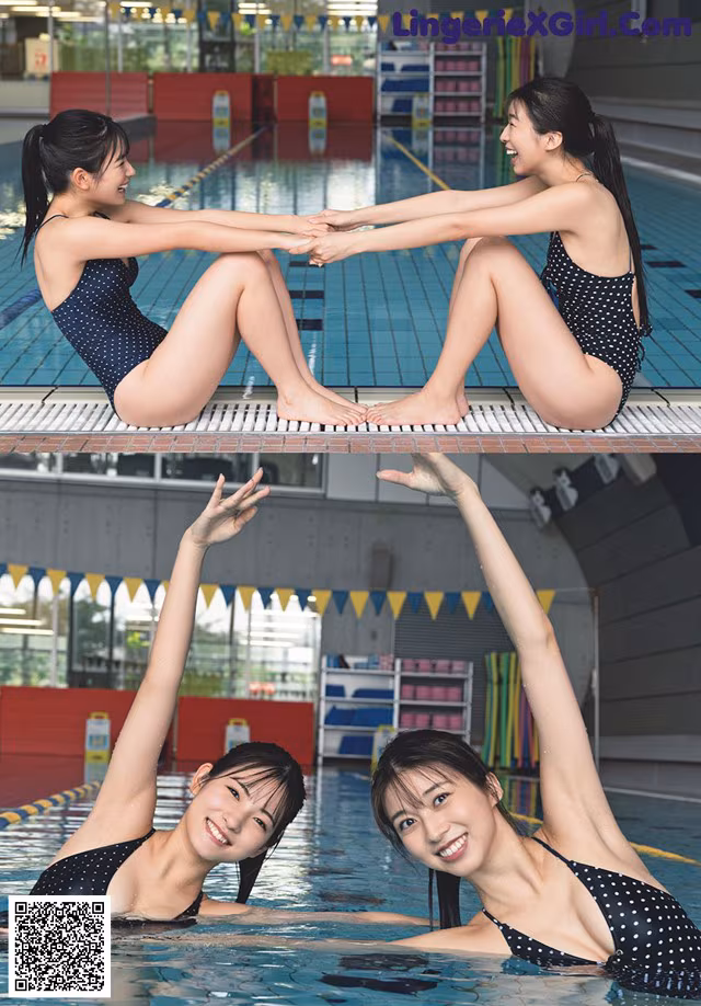 A woman in a black and white polka dot bathing suit in a swimming pool.
