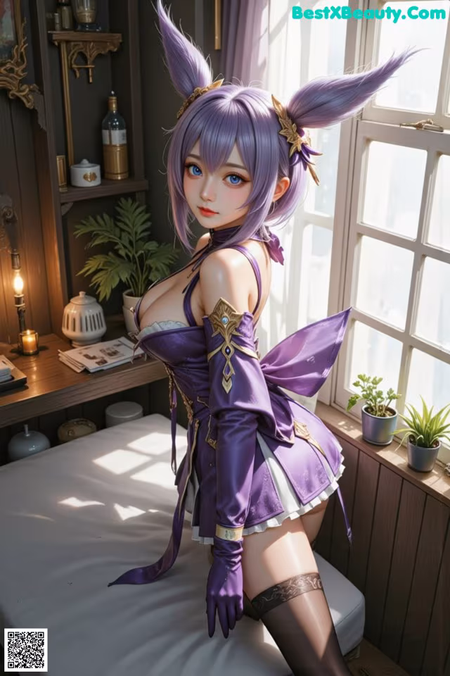 A woman in a purple dress sitting on a bed.