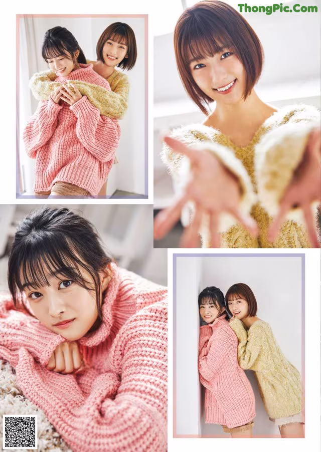 A collage of photos of a woman in a pink sweater.