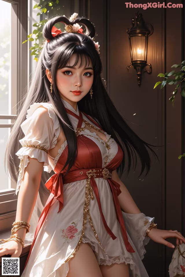 A woman in a white and red dress posing by a window.