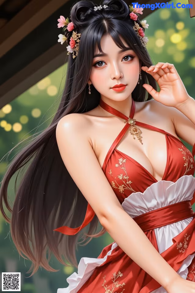 A woman in a red and white dress with flowers in her hair.