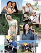 A collage of pictures of a woman in a bikini and a man in a suit.