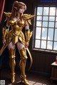 A woman in a golden armor standing in front of a window.