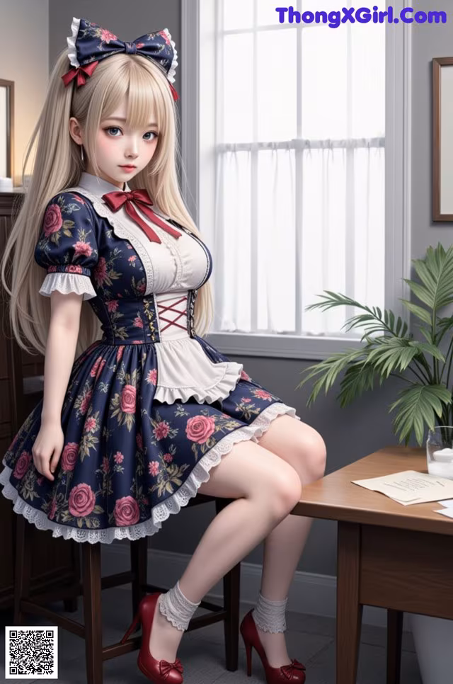A woman in a dress sitting on a chair in a room.