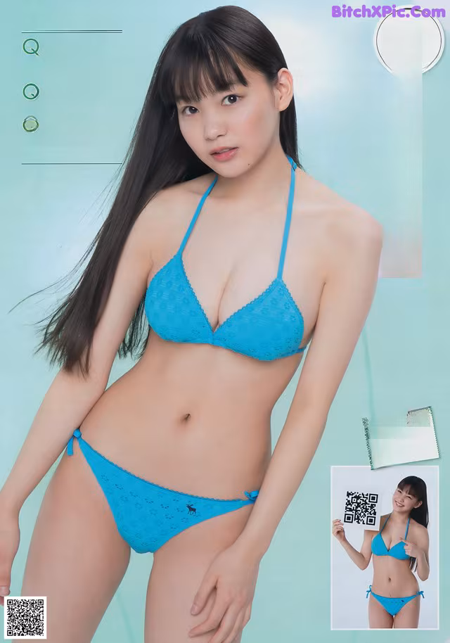 A woman in a blue bikini posing for a magazine.