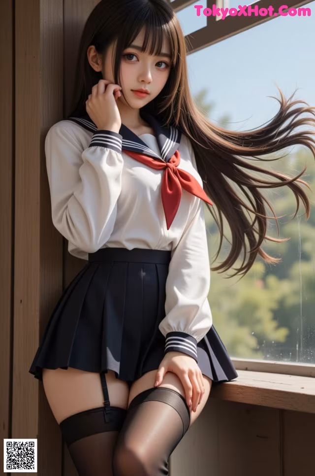A woman in a school uniform leaning against a window.