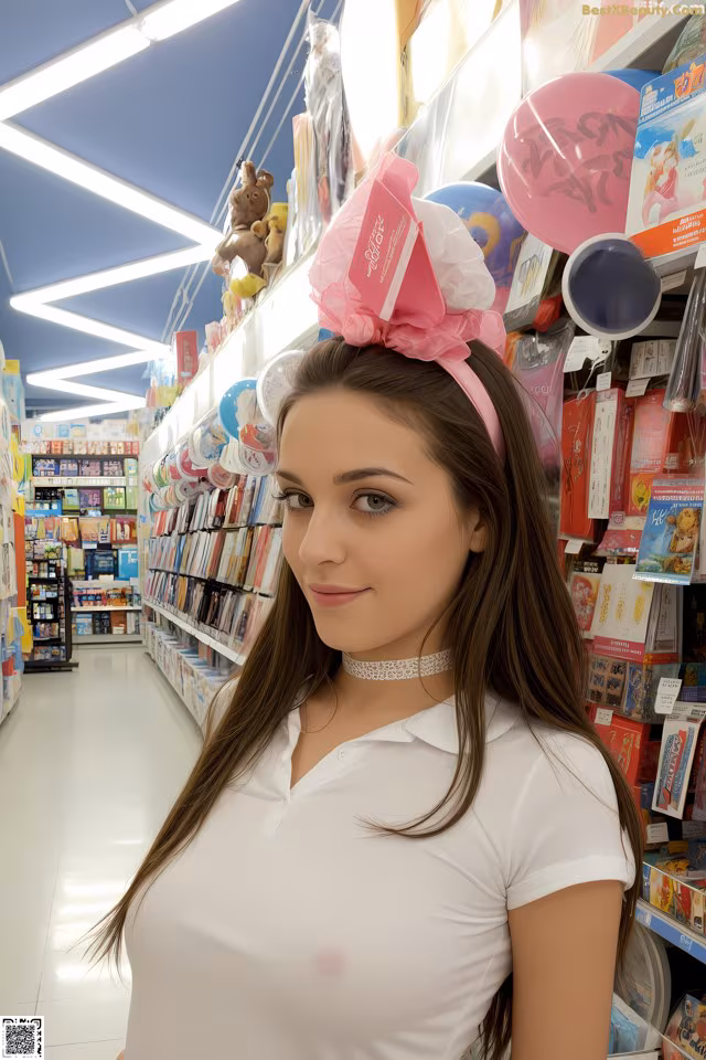 A woman in a white shirt is standing in a store.