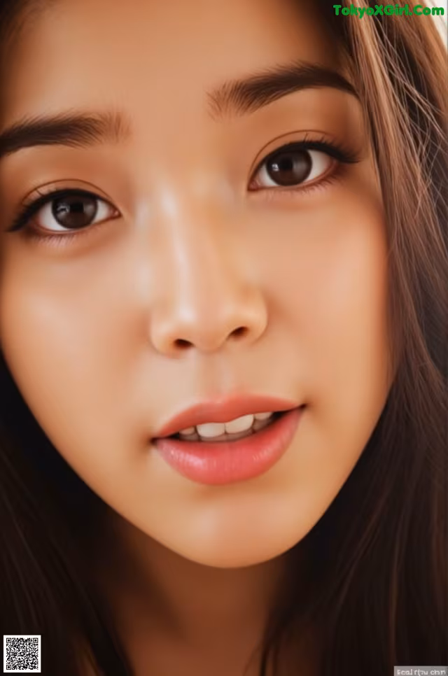 A close up of a woman's face with long brown hair.