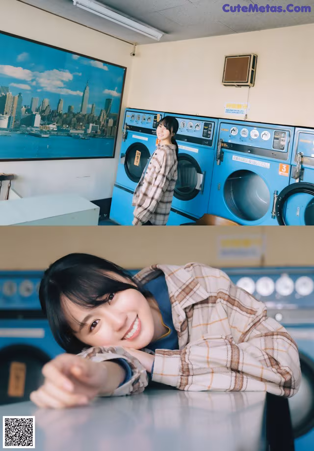 A woman leaning on a washing machine in a laundry room.